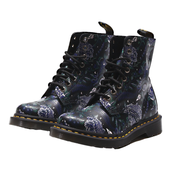 DR MARTENS 1460 Floral Lace-Up Boots Black Leather Womens UK 4 For Discount