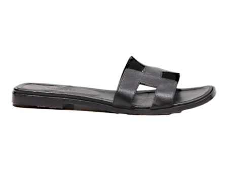 HERMES Slider Sandals Black Leather Womens UK 6 For Discount