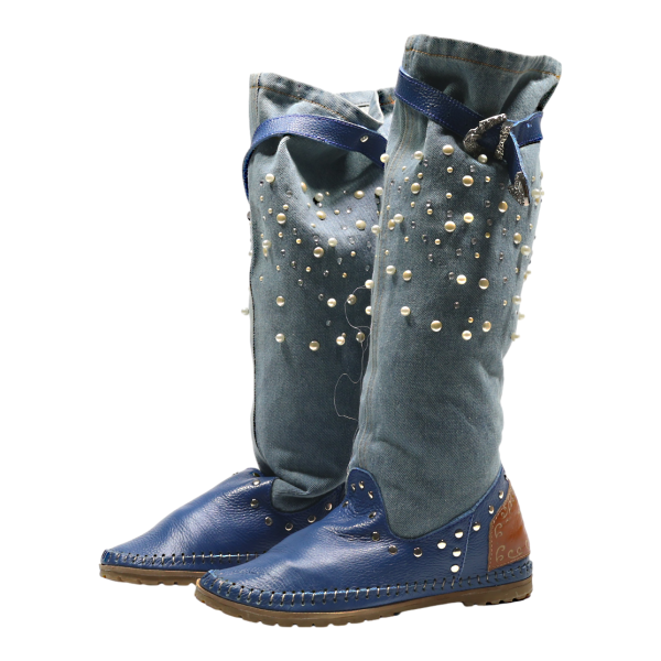 High Boots Blue Denim Womens UK 4.5 on Sale