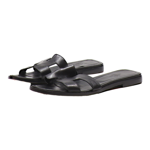 HERMES Slider Sandals Black Leather Womens UK 6 For Discount