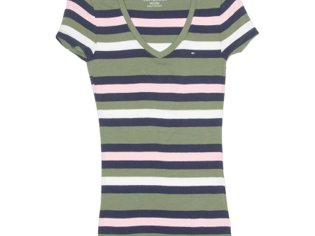 TOMMY HILFIGER Striped Womens T-Shirt Green V-Neck XXS Online Hot Sale