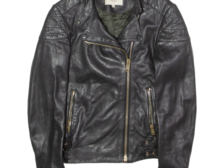 REISS Womens Biker Jacket Black Leather UK 4 Sale