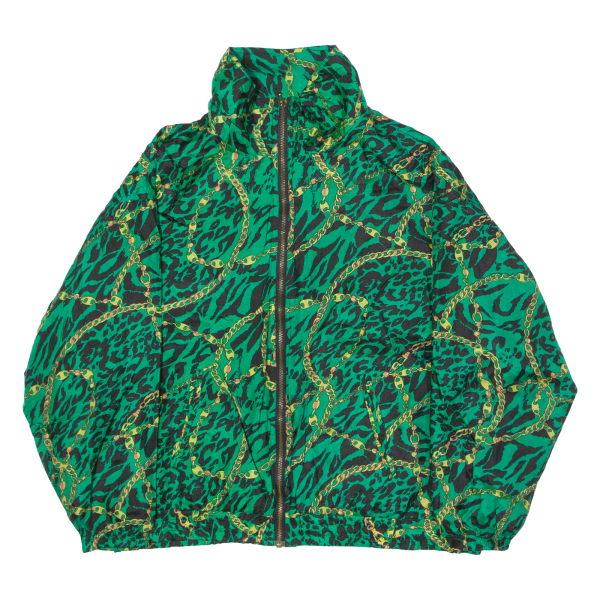 EVR Womens Shell Jacket Green Silk 80s Crazy Pattern XL For Sale