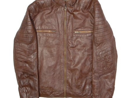 REAL LEATHER GARMENTS Mens Biker Jacket Brown Leather XL For Sale