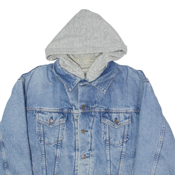 ROCKY Mens Denim Jacket Blue 90s Hooded XL Cheap