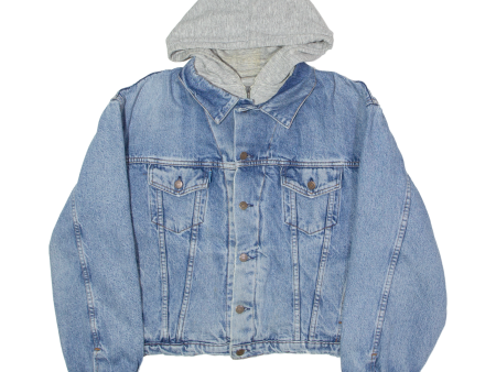 ROCKY Mens Denim Jacket Blue 90s Hooded XL Cheap